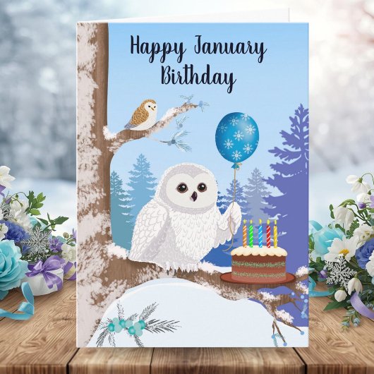 Happy January Birthday Snowy Owl with Cake Kaart