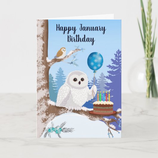 Happy January Birthday Snowy Owl with Cake Kaart (Voorkant)