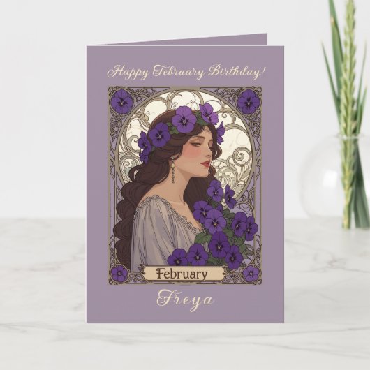 Happy January Birthday Violet Flowers Art Nouveau Kaart (Voorkant)