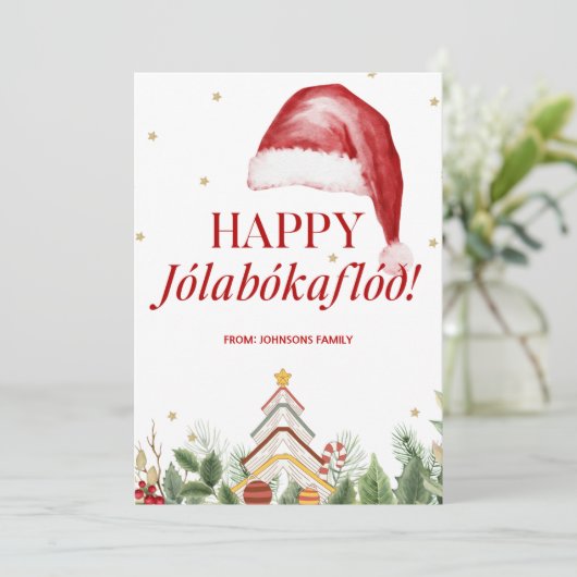 Happy Jolabokaflod IJslands Boek Schattige Kerstmi Feestdagenkaart (Staand voorkant)