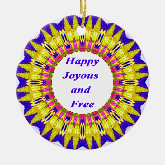 HAPPY JOYOUS EN GRATIS Geschreven in Levendige Des Keramisch Ornament (Voorkant)