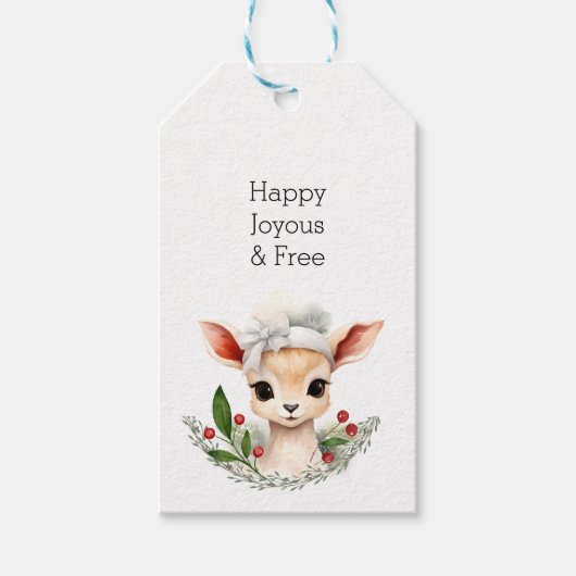 Happy Joyous Gratis, Schattige Herten Sober Christ Cadeaulabel (Voorkant)