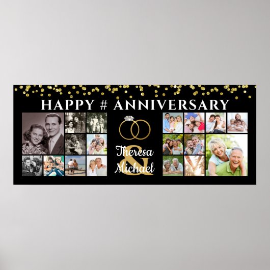 Happy Jubileum 18 Photo Collage Black Gold Poster (Voorkant)