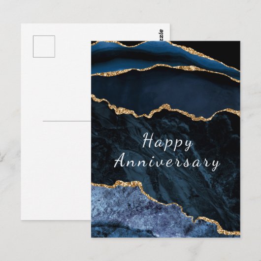 Happy Jubileum Kaart Agate Navy Blue Gold Marble (Voorkant / Achterkant)
