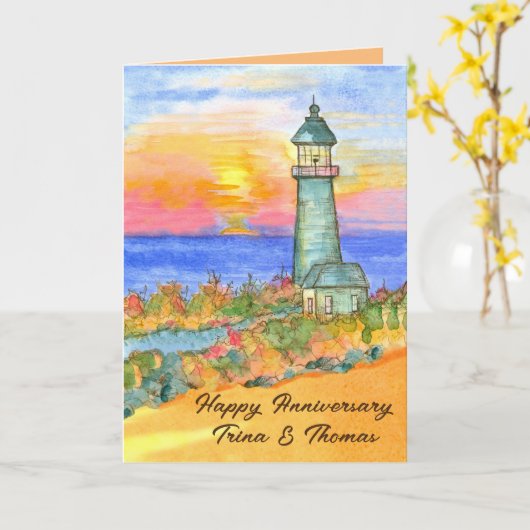 Happy Jubileum Lighthouse Sunset gepersonaliseerd Kaart (Gele Bloem)