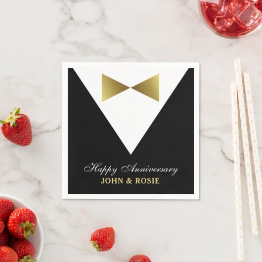 Happy Jubileum Napkins | Zwart en goud Tuxedo Servet (Insitu)