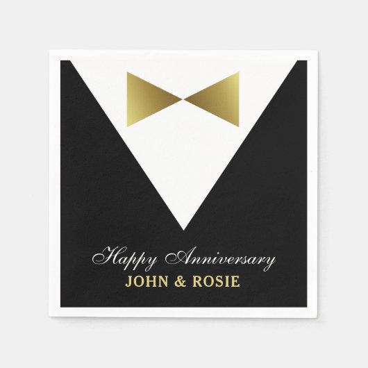 Happy Jubileum Napkins | Zwart en goud Tuxedo Servet (Voorkant)