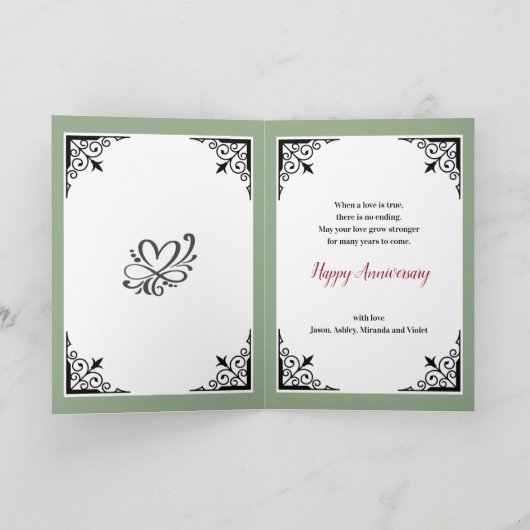 Happy Jubileum Ouders Rood Roze op Groene Damast Kaart (Binnen)