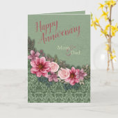 Happy Jubileum Ouders Rood Roze op Groene Damast Kaart (Gele Bloem)