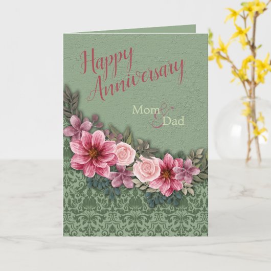 Happy Jubileum Ouders Rood Roze op Groene Damast Kaart (Gele Bloem)