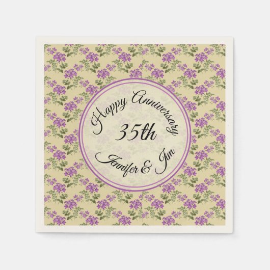 Happy Jubileum Paarse Violet op Bleek geel Servet (Voorkant)