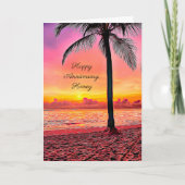 Happy Jubileum Palm Tree bij Sunset Ocean Breeze Feestdagen Kaart (Voorkant)
