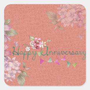 Happy Jubileum Pink Floral Vierkante Sticker