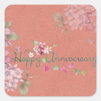 Happy Jubileum Pink Floral Vierkante Sticker