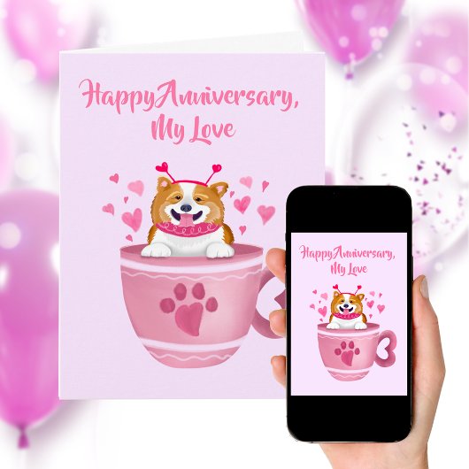 Happy Jubileum Pink Hearts Corgi Kaart