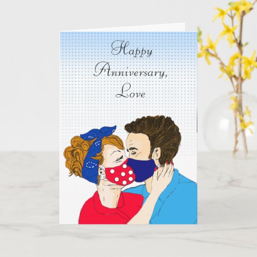Happy Jubileum retro Couple Kissingmaskers Kaart (Gele Bloem)