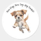 Happy Jumping Dog Art - New Day Positieve Gift Ronde Sticker (Voorkant)