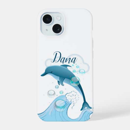 Happy Jumping Dolphin met bubbels iPhone 15 Case (Achterkant)