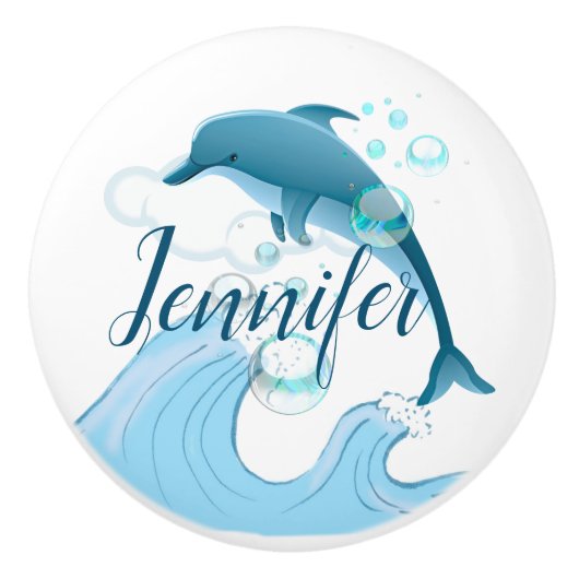 Happy Jumping Dolphin met bubbels Keramische Knop (Voorkant)