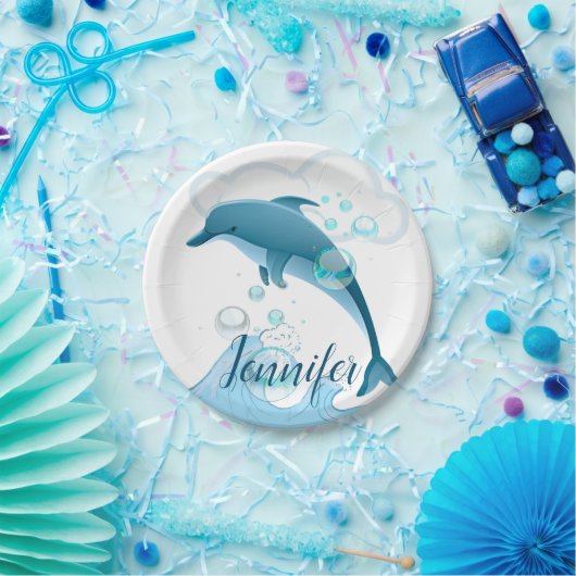 Happy Jumping Dolphin met bubbels Papieren Bordje (Feest)