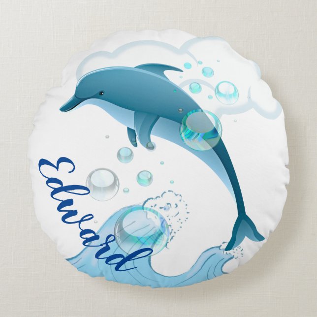 Happy Jumping Dolphin met bubbels Rond Kussen (Voorkant)