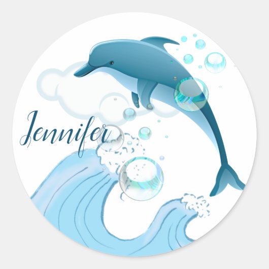 Happy Jumping Dolphin met bubbels Ronde Sticker (Voorkant)