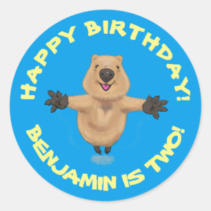 Happy jumping quokka gepersonaliseerde cartoon ver ronde sticker