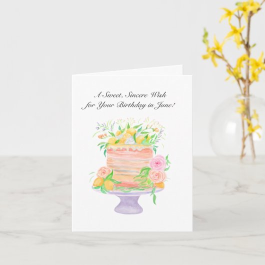Happy June Verjaardag Rozen en Citroenen Cake Kaart (Gele Bloem)