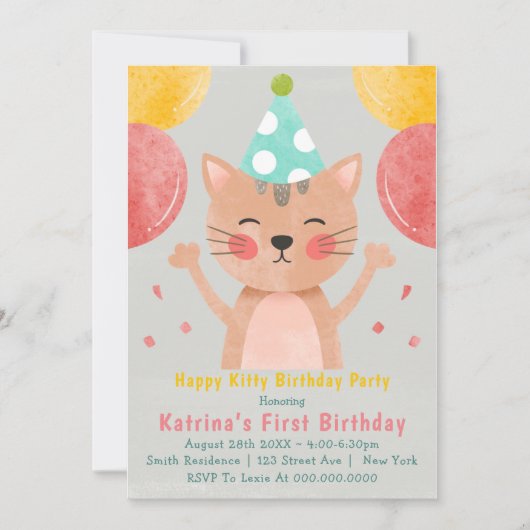 Happy Kat First Birthday Invitations (Voorkant)