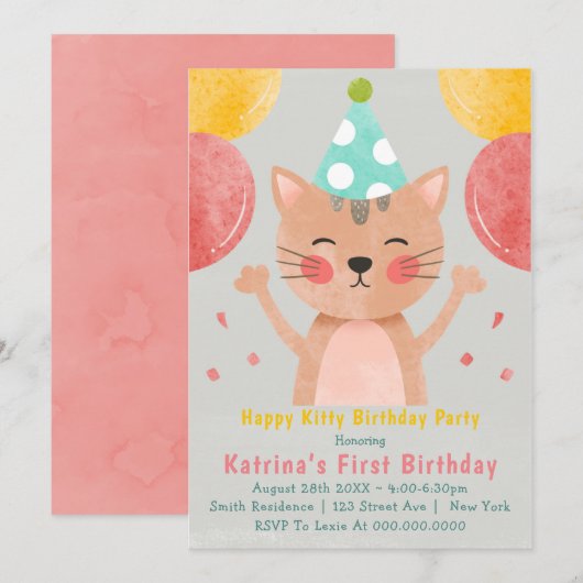 Happy Kat First Birthday Invitations (Voorkant / Achterkant)