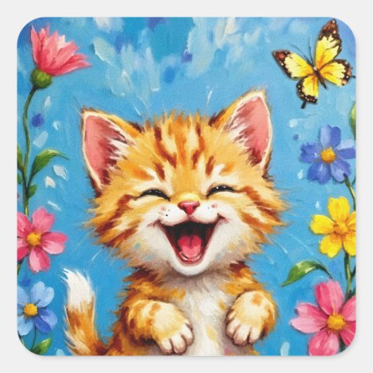 Happy Kat Garden Vierkante Sticker (Voorkant)