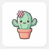 Happy Kawaii Cactus – Cute Illustration Vierkante Sticker (Voorkant)