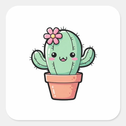 Happy Kawaii Cactus – Cute Illustration Vierkante Sticker (Voorkant)
