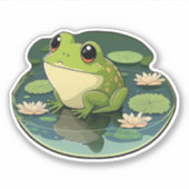 Happy Kawaii Frog op een Lily Pad Sticker (Voorkant)