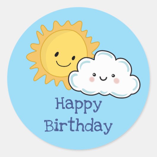 Happy Kawaii Sun en Cloud Birthday Ronde Sticker (Voorkant)