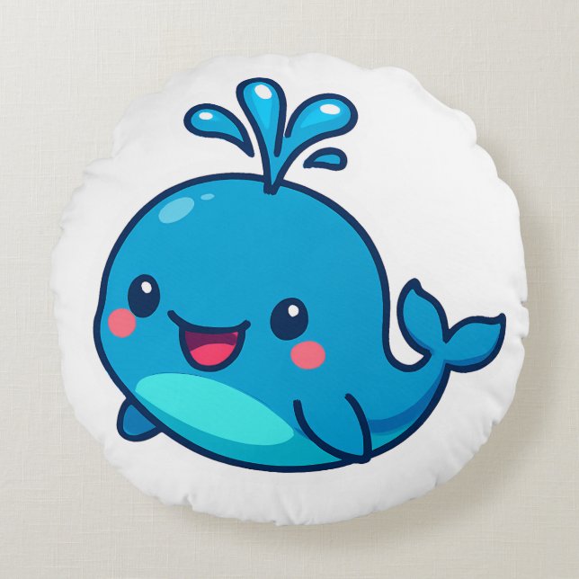 Happy Kawaii Whale Sticker – Schattigee Oceaan Vri Rond Kussen (Voorkant)