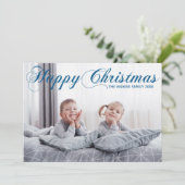 Happy KerstBlue Elegant Cursive Script Foto Feestdagenkaart (Staand voorkant)