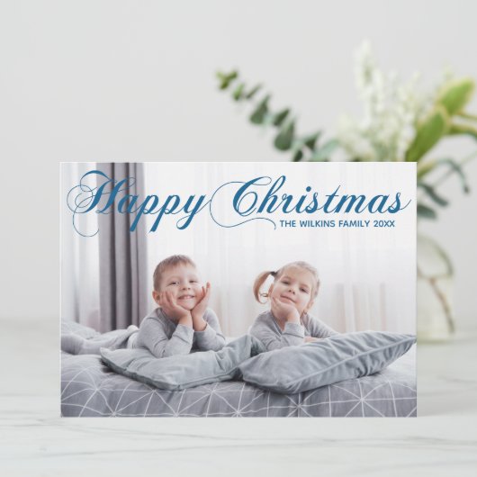 Happy KerstBlue Elegant Cursive Script Foto Feestdagenkaart (Staand voorkant)