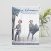 Happy Kerstchic Blue Cursive Script Foto Feestdagenkaart (Staand voorkant)