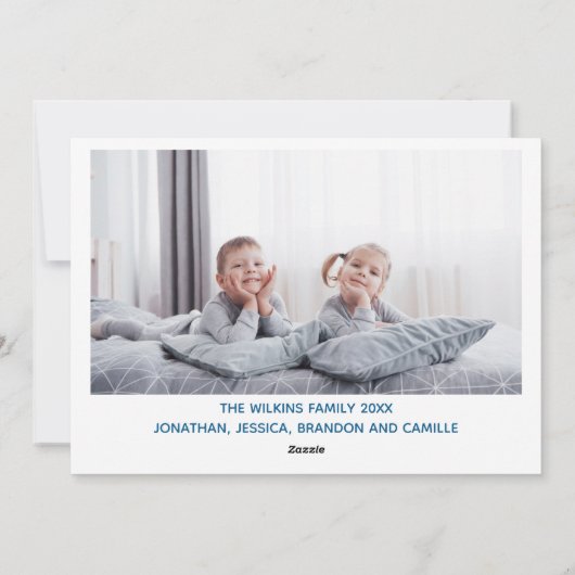 Happy Kerstchic Blue Cursive Script Foto Feestdagenkaart (Achterkant)