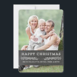 Happy kerstfotokaartje Chalkboard Feestdagenkaart<br><div class="desc">Fijne kerstdag aanpasbare naam en fotokaart in een plattelandskalkbordpatroon met  details. Voeg je aangepaste tekst toe aan deze kaart om een unieke kerstgroet te creëer voor vrienden en familie.</div>