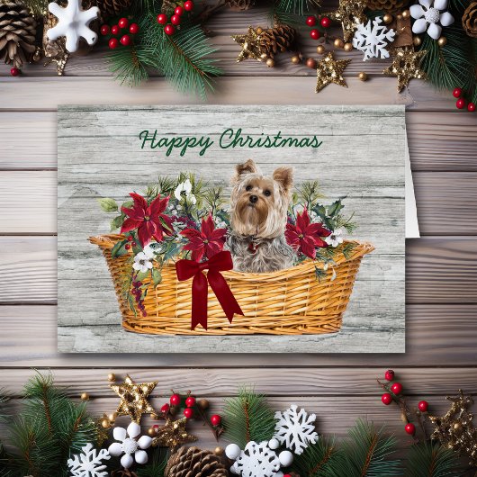 Happy Kerstkshire Terrier Dog in mandje
