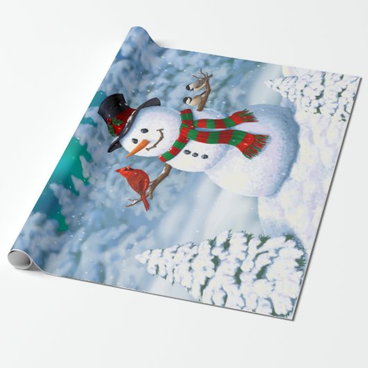 Happy kerstman & Birds Winter Scene Cadeaupapier (Uitgerold)