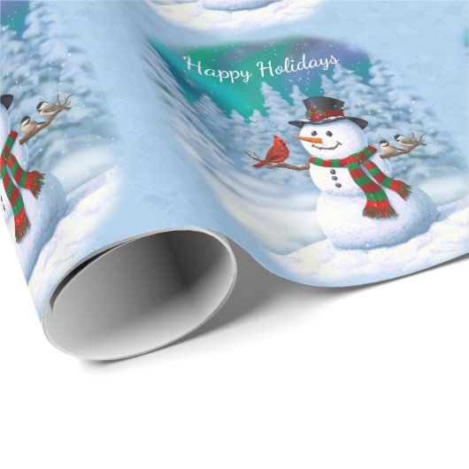 Happy kerstman & Birds Winter Scene Cadeaupapier (Rol Hoek)