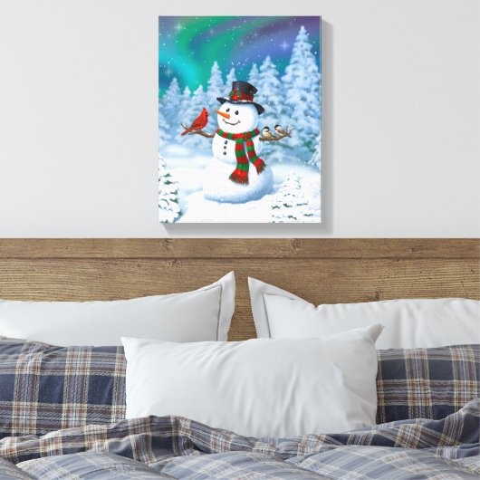 Happy kerstman & Birds Winter Scene Canvas Afdruk (Insitu (Slaapkamer))