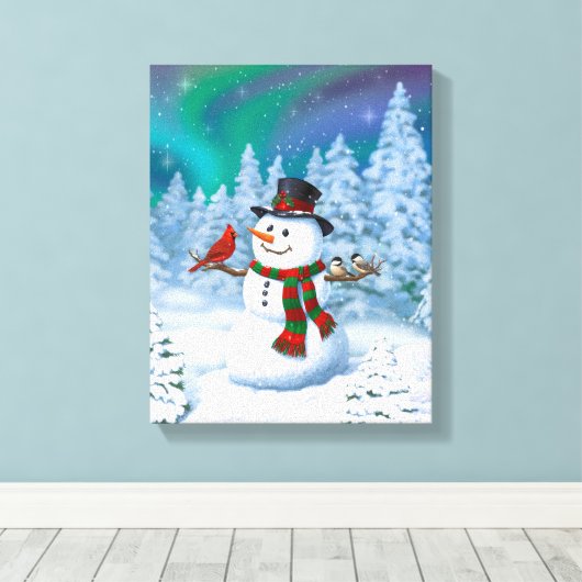 Happy kerstman & Birds Winter Scene Canvas Afdruk (Insitu (Houten vloer))
