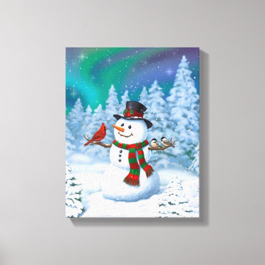 Happy kerstman & Birds Winter Scene Canvas Afdruk (Voorkant)
