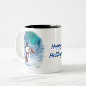Happy kerstman & Birds Winter Scene Coffe Tweekleurige Koffiemok (Voorkant links)