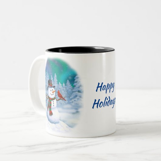 Happy kerstman & Birds Winter Scene Coffe Tweekleurige Koffiemok (Voorkant links)
