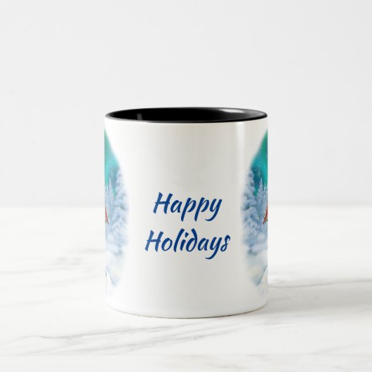 Happy kerstman & Birds Winter Scene Coffe Tweekleurige Koffiemok (Center)